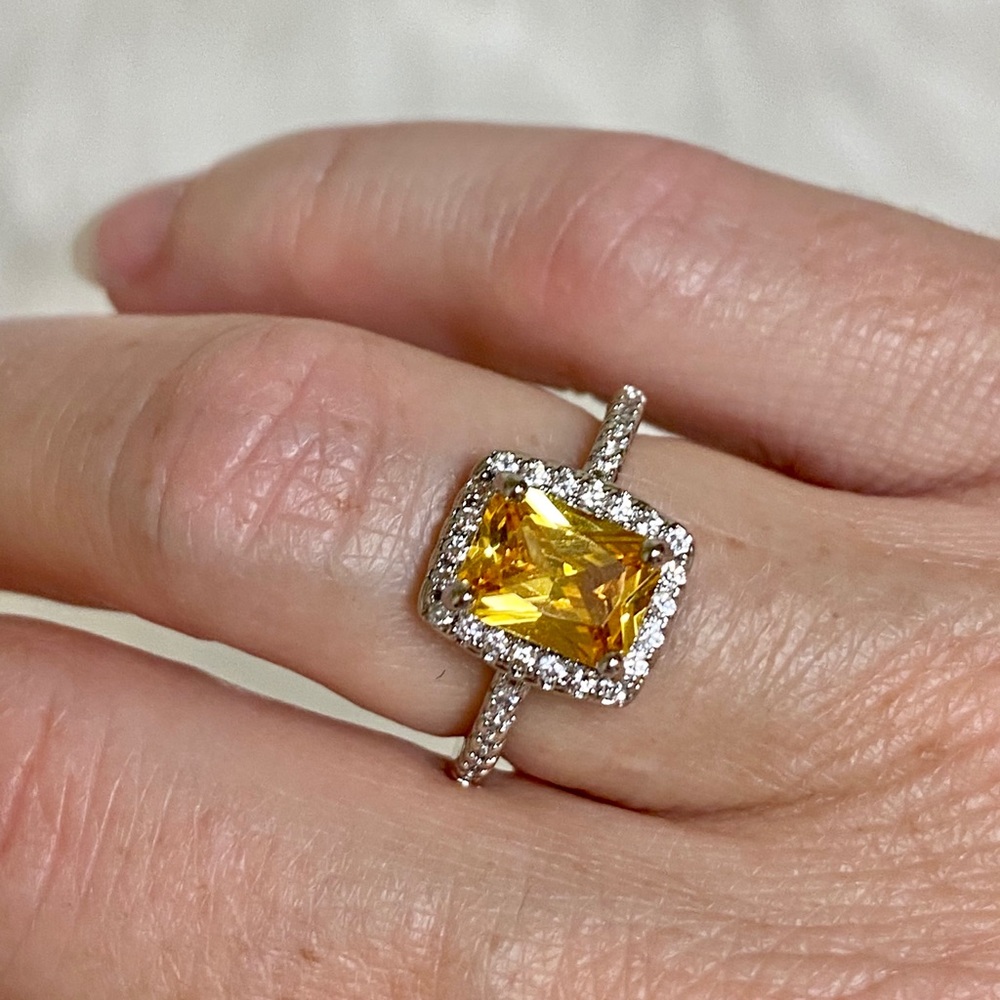 925 Sterling Silver Yellow Canary CZ Halo Ring - Picture 12 of 12